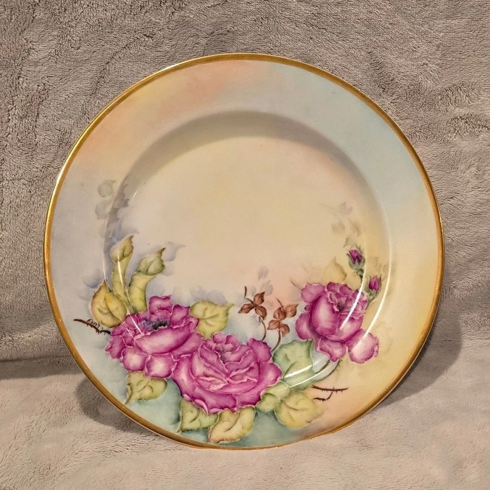 Vtg Bavaria The Baronial Hand Painted Purple Rose Porcelain Plate Gold Rim 10